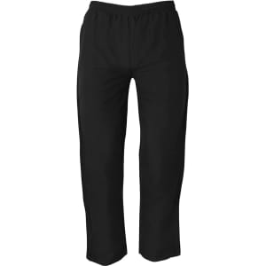 Black track pants featuring an elastic waistband and a simple design. Includes a logo on the garment.