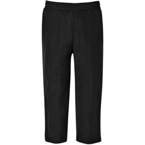 Black track pants with an elastic waistband, featuring a simple design and no visible branding.