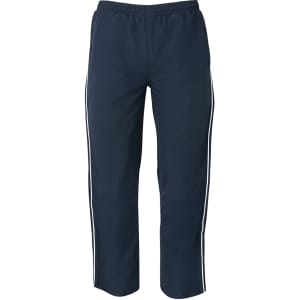 Navy track pants featuring white side stripes and an elastic waistband. The pants have a simple, sporty design.