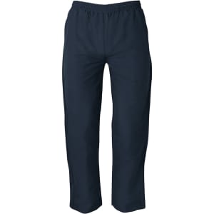 Navy track pants with an elastic waistband and side pockets, featuring a logo on the front.