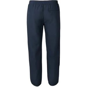 Navy track pants with an elastic waistband and a single back pocket, featuring a logo.