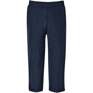 Navy track pants with an elasticated waistband, featuring side pockets and a simple logo.