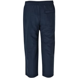 Track pants in navy blue with an elastic waistband and a back pocket. Features a logo on the fabric.
