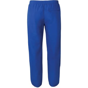 Bright blue track pants with an elastic waistband and a back pocket. Features a logo on the garment.