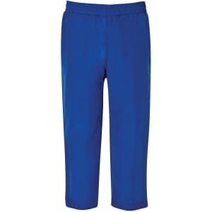 Blue track pants with an elasticated waistband, featuring a simple design and no visible logos.