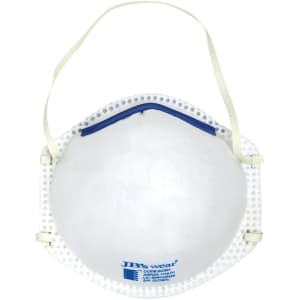 A white respirator mask with a blue strip and elastic straps, featuring a logo on the front.