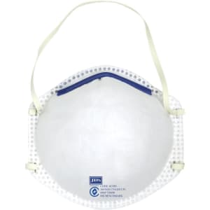 A white respirator mask with adjustable straps and a blue top. It includes a logo and has a rounded shape.