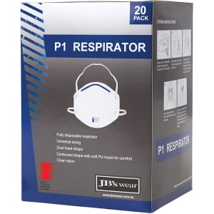 A box containing 20 P1 respirators, featuring a white mask design with dual head straps and a clear vision shape.