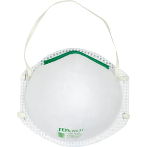 A white respirator mask with green accents and ear loops, featuring a logo. Suitable for health and personal use.