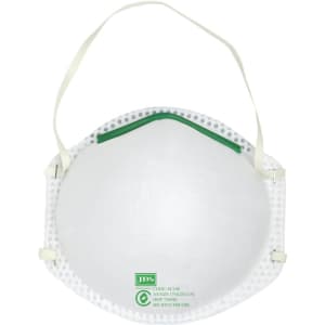 A white respiratory mask with a green strip and elastic ear straps, featuring a logo. Ideal for personal health use.