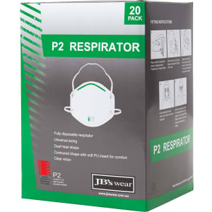 A green and white box containing 20 P2 respirators, featuring a logo and details about the product.