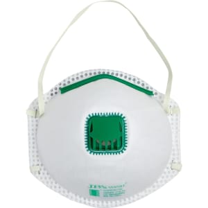 A white P2 respirator mask with a green valve and adjustable straps, featuring a logo on the side.