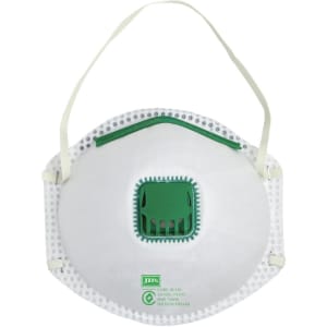 A white respirator mask with a green valve and ear straps, featuring a logo. Suitable for health and personal use.