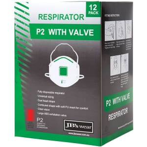 A green and white box containing 12 P2 respirators with valves, featuring a logo and product details.