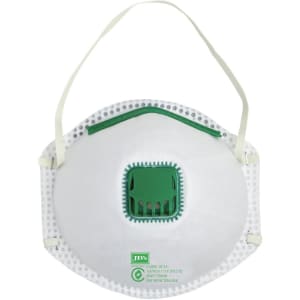 A white respirator mask with a green valve and straps, featuring a logo. Suitable for health and personal use.