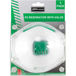 Three-pack of white P2 respirators with a green valve and branding, packaged in a clear plastic box.