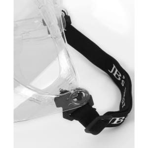 A clear face mask with an adjustable black strap, featuring a logo.