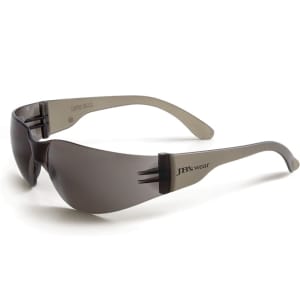 A pair of grey sunglasses with a sleek design and a logo on the arm.