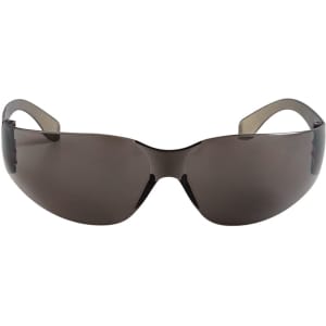 Sunglasses in a sleek design with dark lenses and grey frames, featuring a logo on the side.