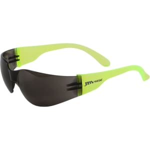 A pair of sunglasses featuring a black lens and vibrant green frames, with a logo on the side.