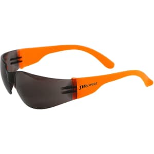 Sunglasses featuring a dark lens and vibrant orange arms, with a logo on the side.