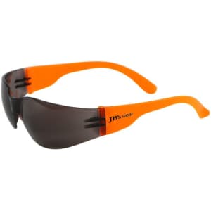 Sunglasses with a grey lens and bright orange frames, featuring branding on the temple.