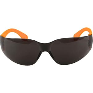 A pair of sunglasses with a black frame and orange arms, featuring a sleek, wrap-around design.