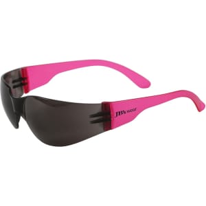 Sunglasses with a black lens and vibrant pink frames. Features a logo on the side.