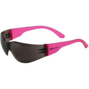 A pair of sunglasses with dark lenses and pink frames, featuring a logo on the side.