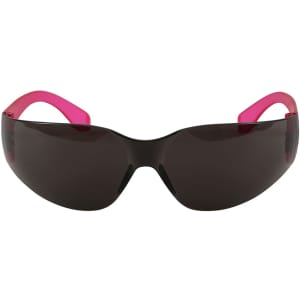 Sunglasses with a black frame and pink arms, featuring a dark lens. Includes a branding logo.