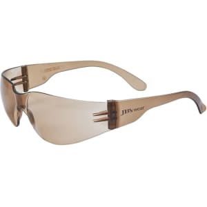 Sunglasses in a light brown colour with a sleek design and a logo on the side.