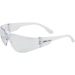Clear safety sunglasses with a sleek design and a logo on the side. Suitable for outdoor activities.