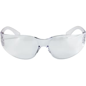 A pair of clear safety sunglasses with a sleek design, featuring translucent frames. Includes a logo on the side.