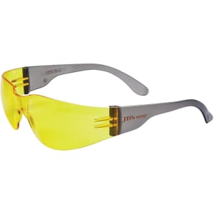 A pair of sunglasses with a grey frame and yellow lenses, featuring a logo on the arm.