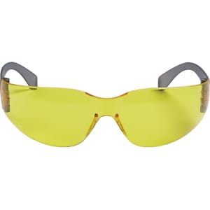 A pair of yellow sunglasses with grey arms and a logo on the side, ideal for leisure and outdoor activities.