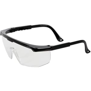 Clear safety glasses with a black frame, featuring a sleek design and a logo on the side. Pack of 12.