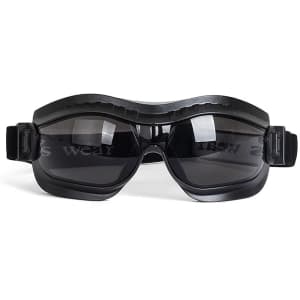 A pair of black safety goggles with a sleek design and adjustable straps.