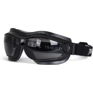 Protective goggles in black with a flexible frame and an adjustable strap, featuring a brand logo.