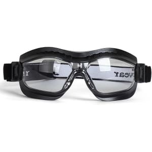 A pair of black safety goggles with clear lenses and adjustable straps.