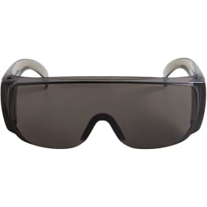 Sleek black sunglasses with wraparound design and grey tinted lenses. Features a logo on the frame.