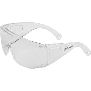 Clear safety glasses with sturdy frames and a logo, designed for protection in various environments.