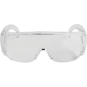 Clear protective eyewear with a wraparound design and logo on the side. Suitable for various uses.