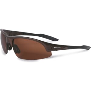 Polarised sunglasses in brown with a sleek black frame, featuring a logo on the side.
