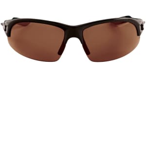 Polarised sunglasses in a sleek black frame with brown lenses. Includes branding on the frame.