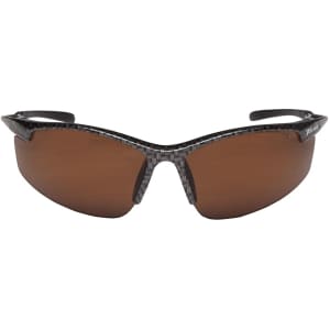 A pair of polarised sunglasses featuring dark brown lenses and a black patterned frame, accompanied by a logo.