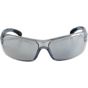 Blue and silver mirrored sunglasses with a sleek design and a logo on the side.