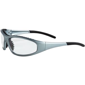 Safety glasses in clear with grey frames and black rubber earpieces, featuring a logo on the side.