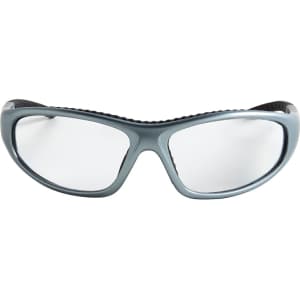 Sunglasses with a grey frame and clear lenses, featuring a textured design and a logo on the side.