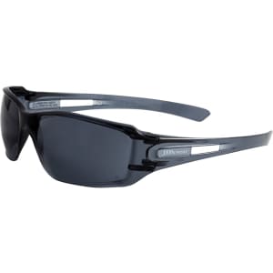 Sunglasses with a dark grey lens and black frames, featuring a logo on the side.