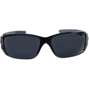 A pair of black safety sunglasses with dark lenses, featuring a sleek design and a logo on the side.